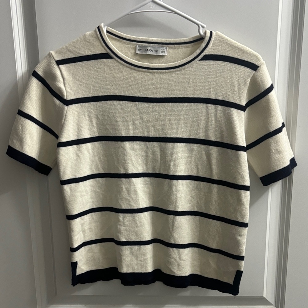 Zara Navy and Cream Striped Knit Top